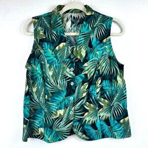 Palm Leaves Tropical Button Vest Size S Resort Travel Island Girl Mod Pin Up